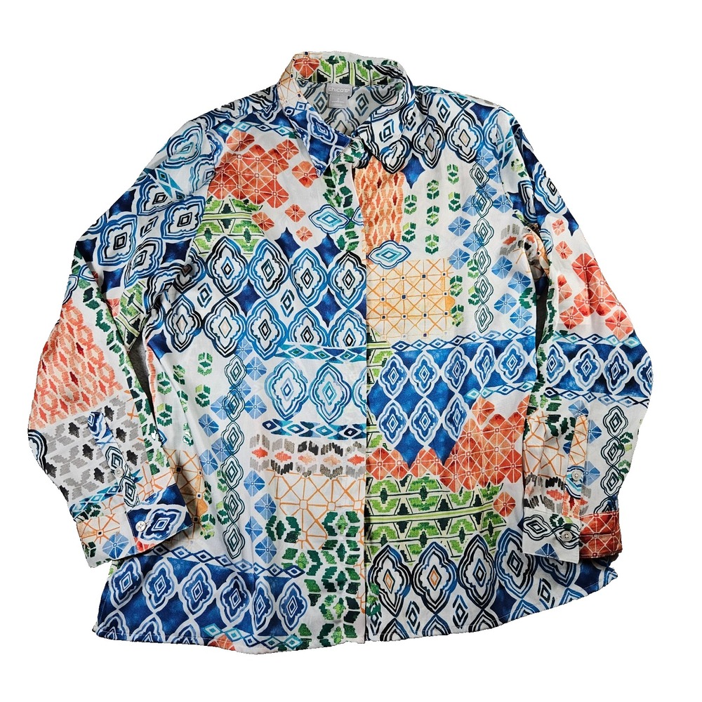 Chicos Artsy‎ Eclectic Geometric Patchwork Lightweight Button Down Shirt Sz 2/L